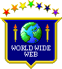A pixelated bage with a raindow of stars, tourches and the Earth. Text on it reads: WORLD WIDE WEB.